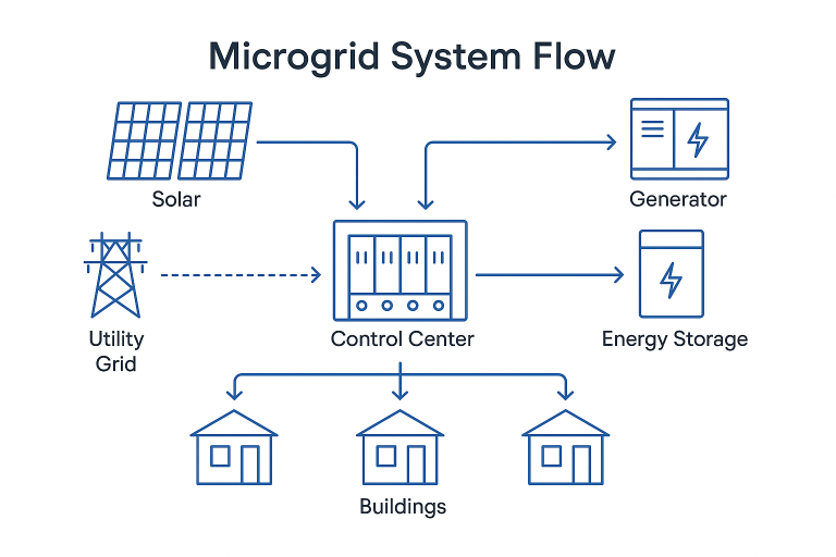 diagram showing how a behind-the-meter commercial microgrid works with solar, batteries, and controls