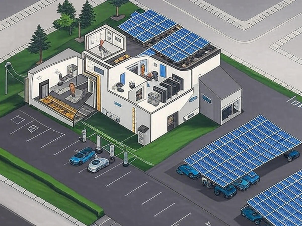 no upfront commercial solar aerial view of a commercial microgrid with solar panels and backup power systems supporting an industrial facility
